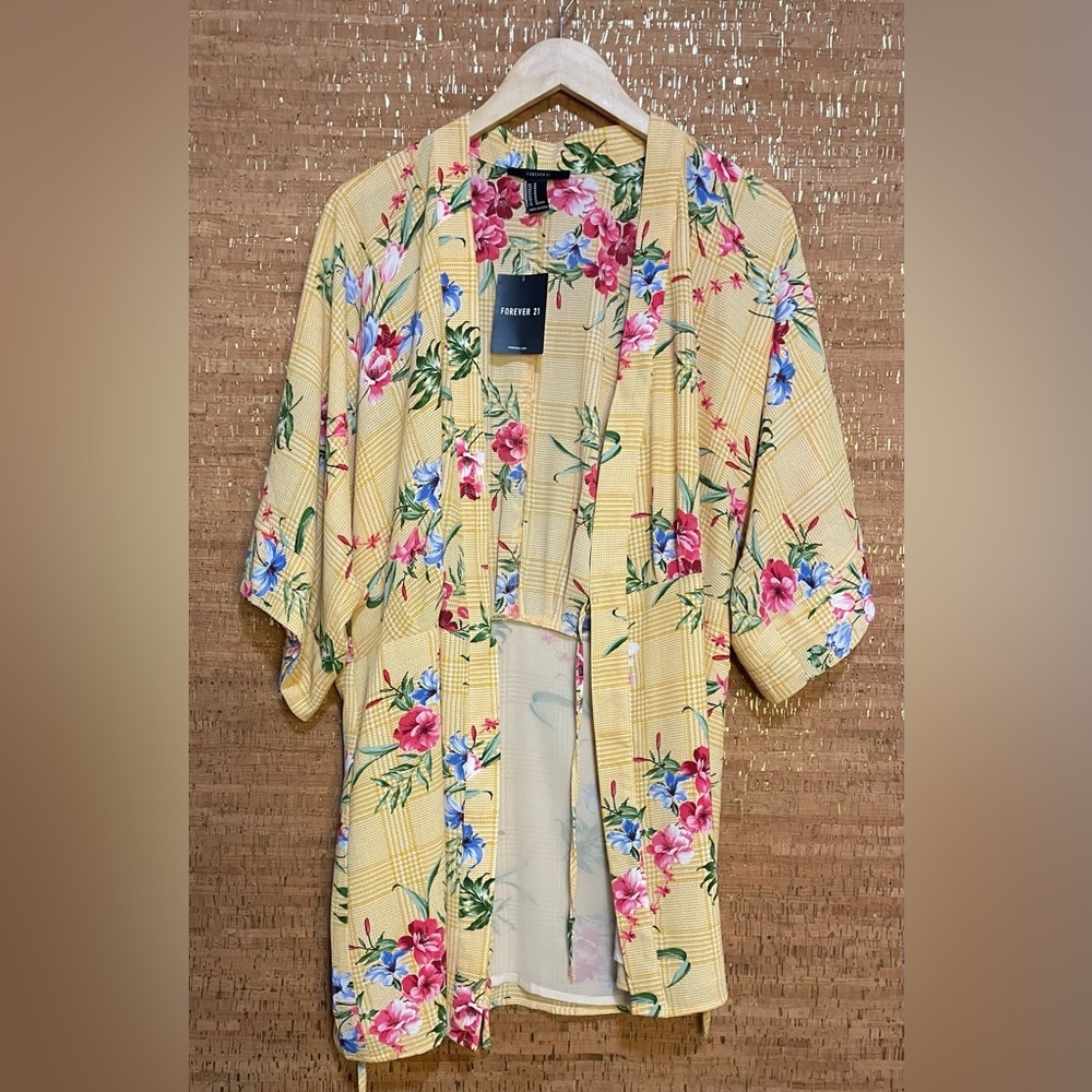 Forever 21 Kimono Sleeve Wrap Top Medium Yellow Floral Tie Waist